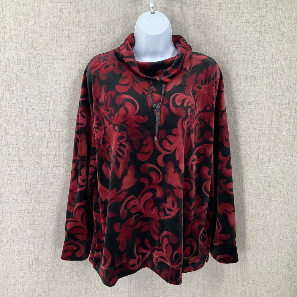 Chico's Pullover Top Women Size XL Red Black Damask Velour Cowl Neck Classic XL